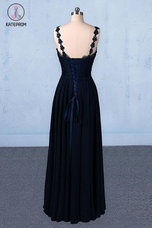 Dark Navy Blue Straps Floor Length Evening Dresses, Long Chiffon Prom Dress with Lace KPP1061