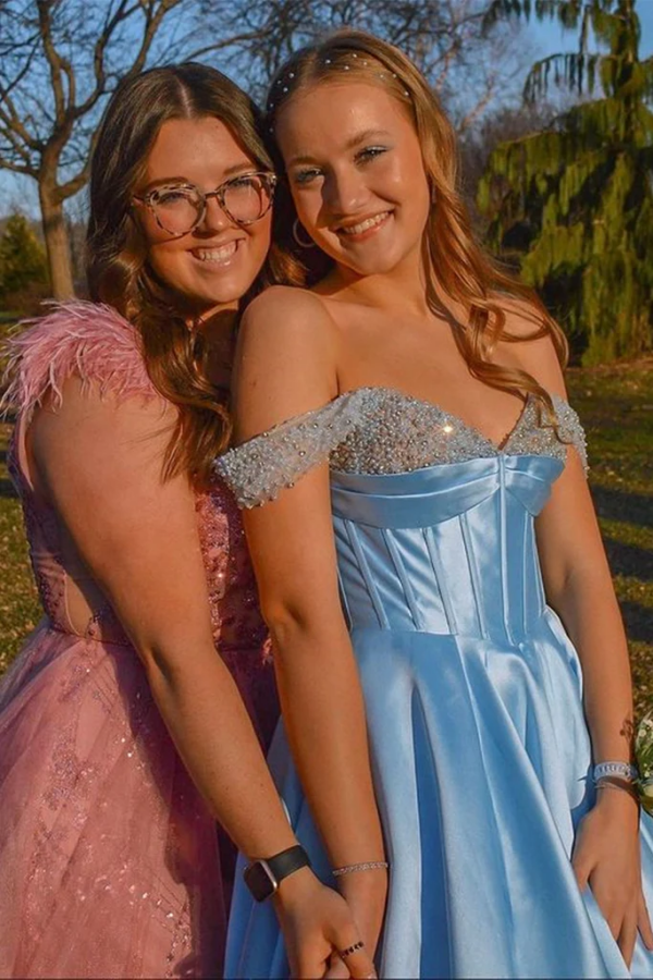 Off the Shoulder Beaded Light Blue Satin Long Prom Dresses KPP1733