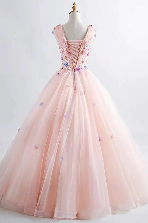 Pink Princess Blush Ball Gown 3D Floral Applique V Neck Boho Prom Quinceanera Dress KPP1533