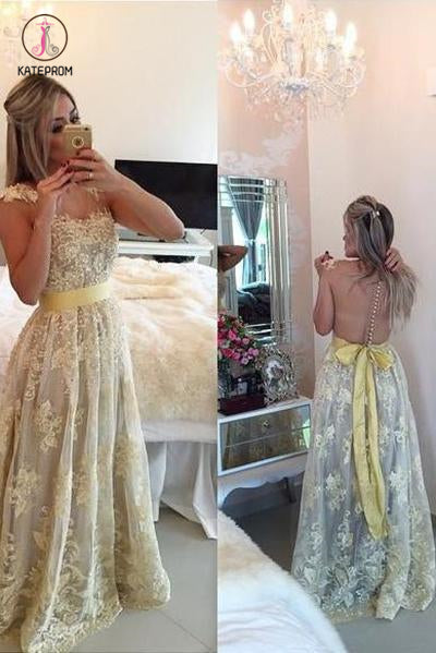 A Line Sexy Sleeveless Lace Prom Dress with Beading, Long Evening Dress with Sash KPP0652