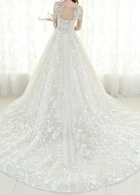 Fabulous Mesh Neckline Long Sleeves A Line Wedding Dress With Lace Appliques Flowers Long Sleeves KPW0726