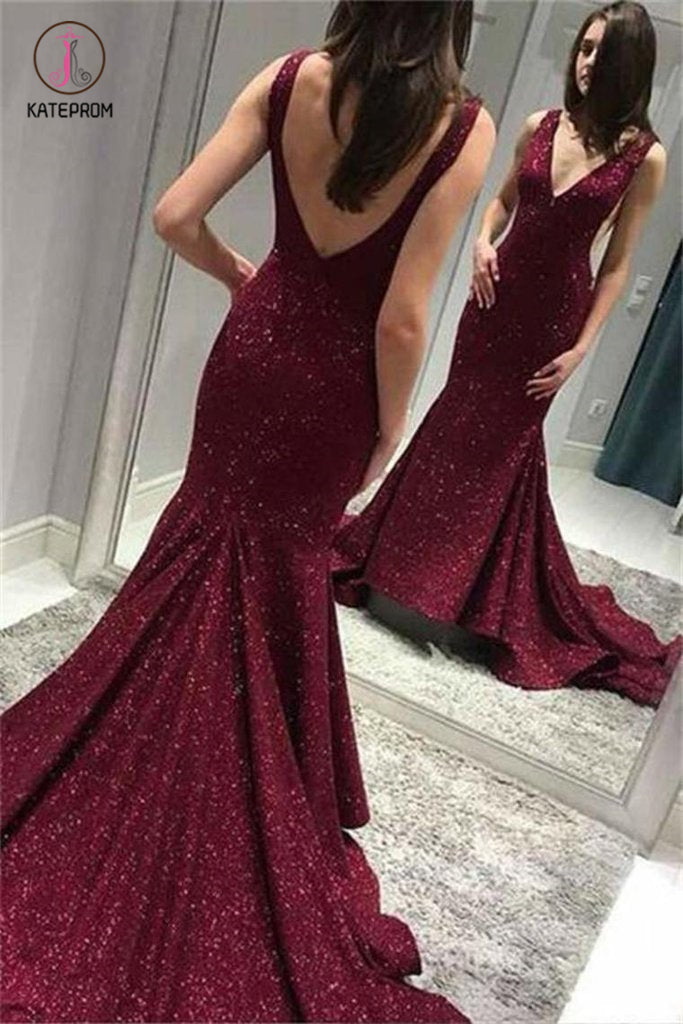 Shiny Deep V Neck Mermaid Evening Dress, Sequins Backless Sweep Train Prom Dresses KPP0632