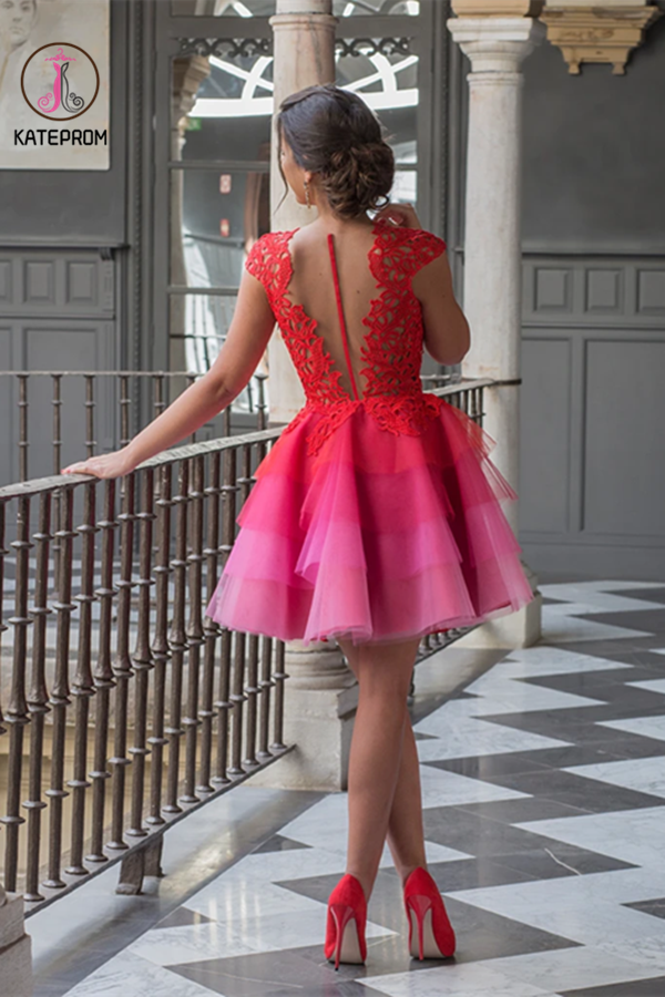 Red A-line Scoop Homecoming Dress Tulle Short Prom Drsess KPP1334