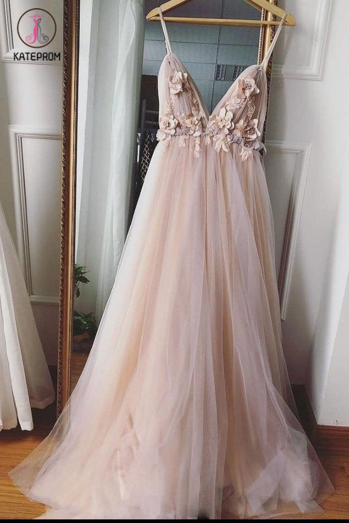 Charming Spaghetti Straps Deep V Neck Tulle Prom Dress with Flowers, A Line Party Dress KPP1103