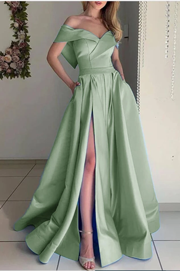 Stunning Sky Baby Blue off the Shoulder Pocket A Line Satin Prom Long Graduation Party Dress KPP1393