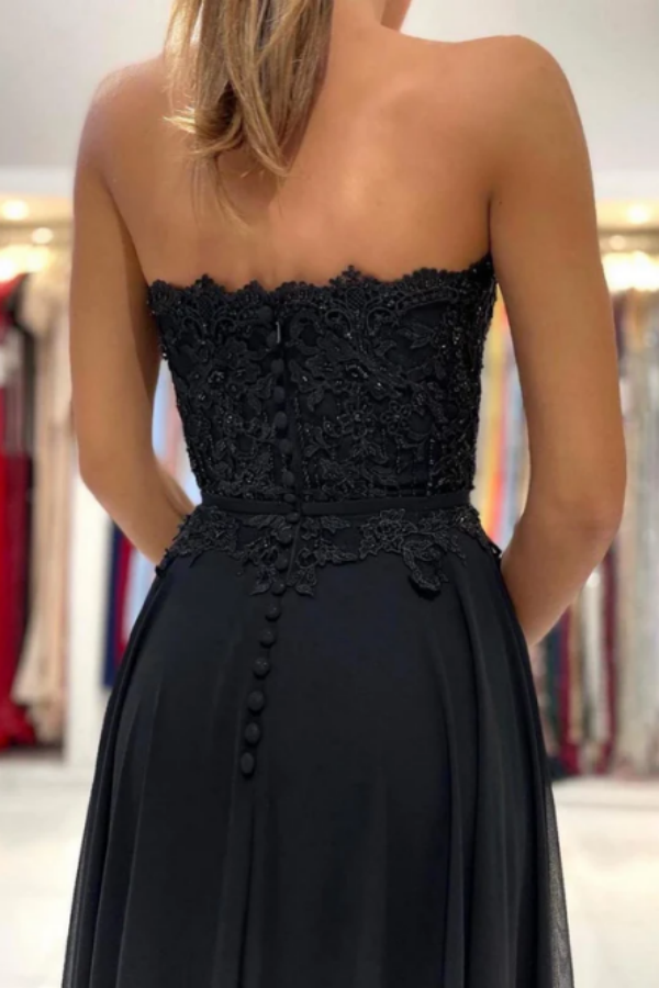 Strapless Sweetheart Neck Prom Gown with High Slit Black Prom Dress KPP1664