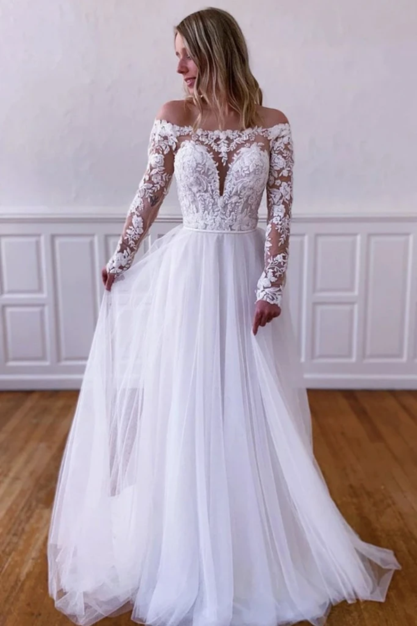 Elegant Long Sleeves White Lace Wedding Dress, White Lace Long Prom Dress, White Formal Evening Dress KPW0687