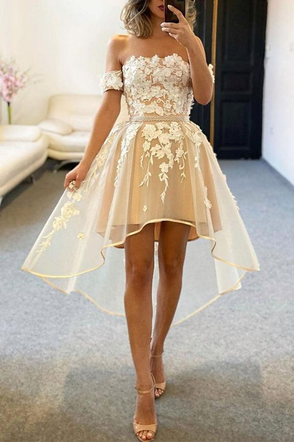 Champagne Tulle Off The Shoulder High Low Homecoming Dresses KPH0696