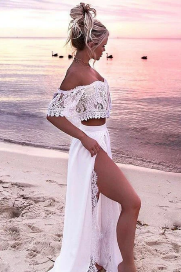 Two Piece Ruffles Slit Prom Dress KPP1701