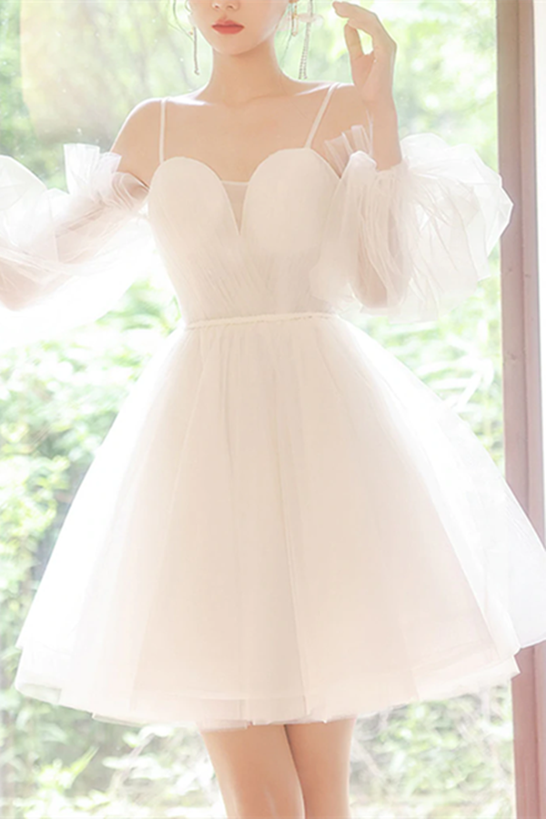 A line Spaghetti Straps Tulle Homecoming Dress Off the shoulder Short Prom Dress KPH0606