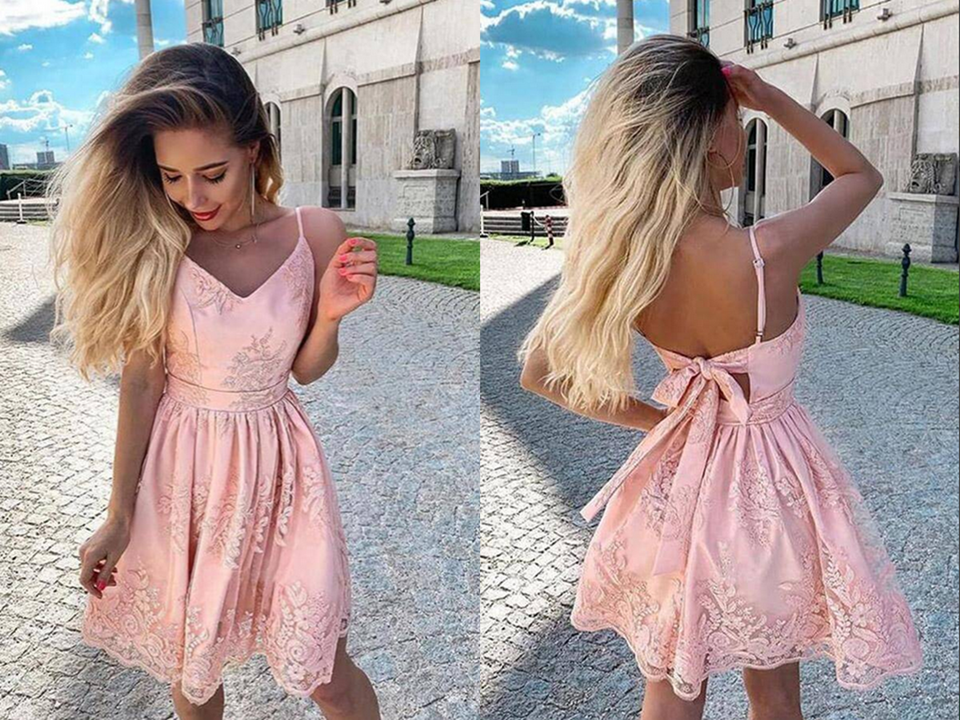 Blush Pink Lace A line V neck Spaghetti Straps Homecoming Dresses KPH0556