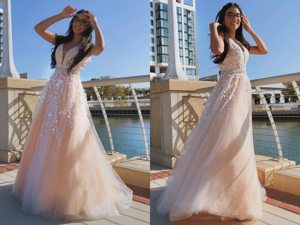 A Line V Neck Pink Lace Long Prom Dress with Belt, Pink Lace Formal Dress, Pink Evening Dress KPP1404