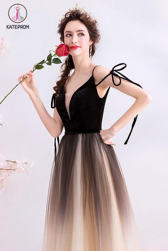 Black Deep V Neck Sleeveless Floor Length Tulle Ombre Prom Dress KPP1066