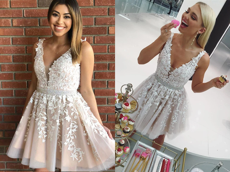 Princess V Neck Short A Line Lace Homecoming Dress, Graduation Dresses KPH0557