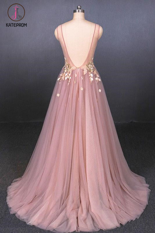 Pink V Neck Sleeveless Tulle Prom Dress with Appliques, A Line Tulle Evening Dress KPP1092