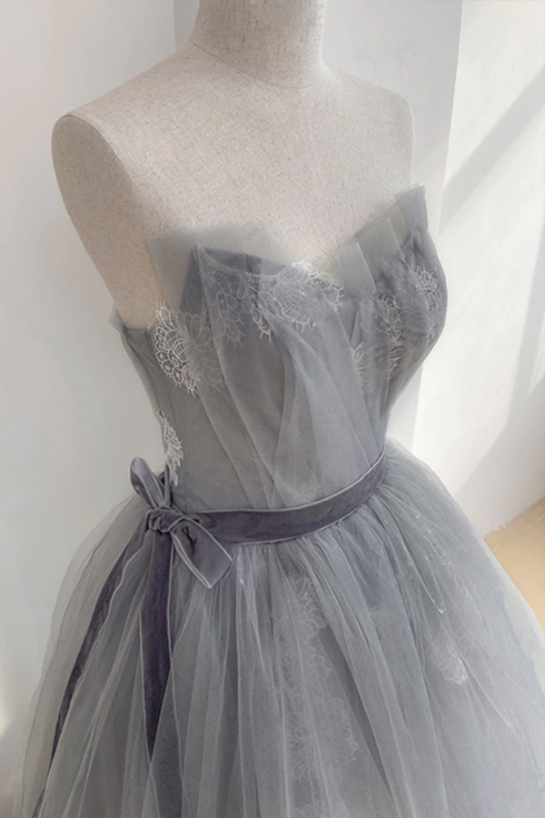 Chic A line Strapless Gray Tulle Long Prom Dress Applique Evening Formal Dress KPP1520