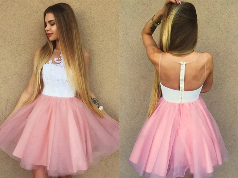 White Bodice Blush Pink Short Tulle Homecoming Dress, Party Dress KPH0577