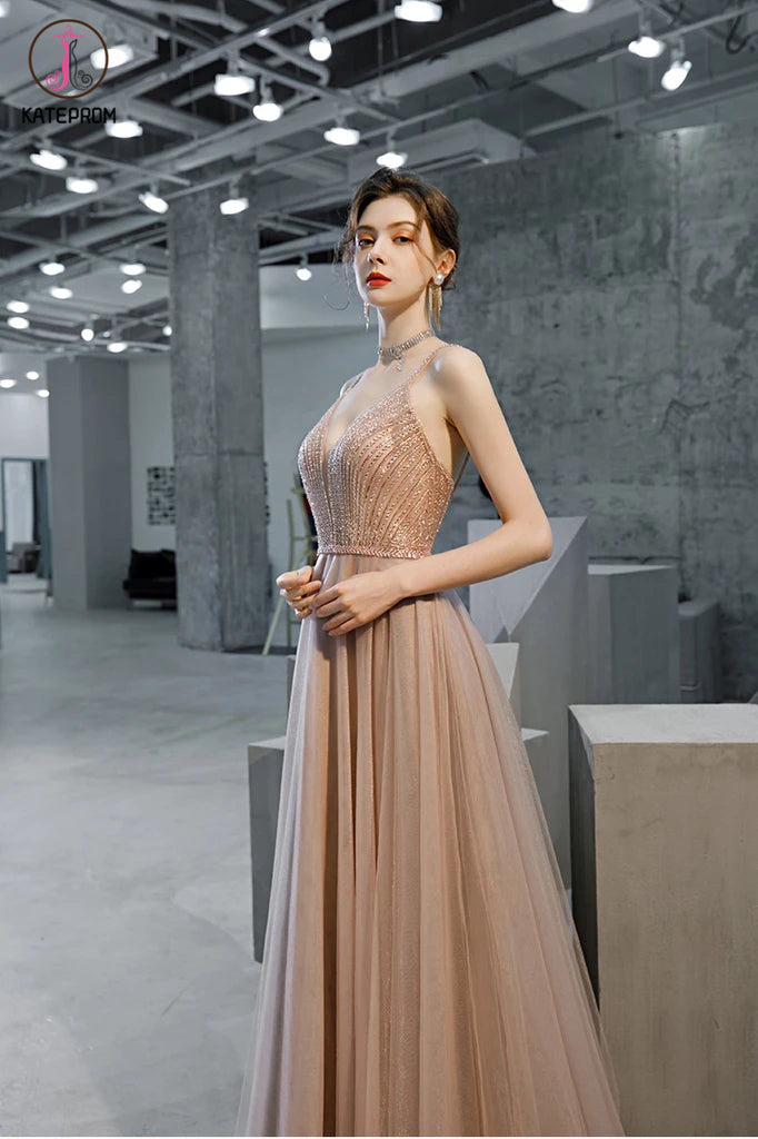 A Line Straps Sleeveless Prom Dress with Beading and Sequins, Long Evening Dress KPP1292