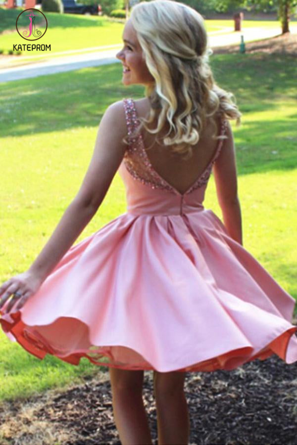 Simple A-Line Bateau Knee-Length Pink Satin Sleeveless Homecoming Dress with Beading KPH0274