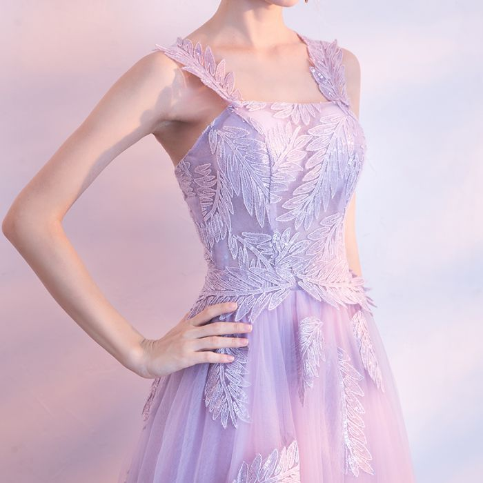 Chic Lilac Prom Dress A line Applique Modest Long Prom Dress Evening Dress KPP1613
