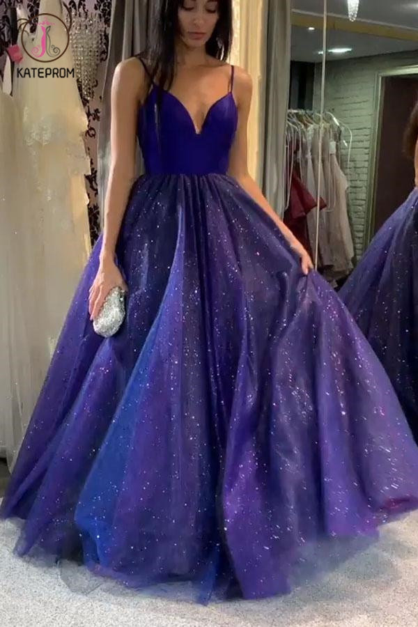 A-Line V Neck Royal Blue Prom Dress Cross Back Evening Dress KPP0971