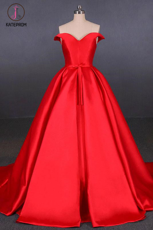 Puffy Off the Shoulder Red Satin Prom Dress, A Line Party Dress with Belt KPP1096