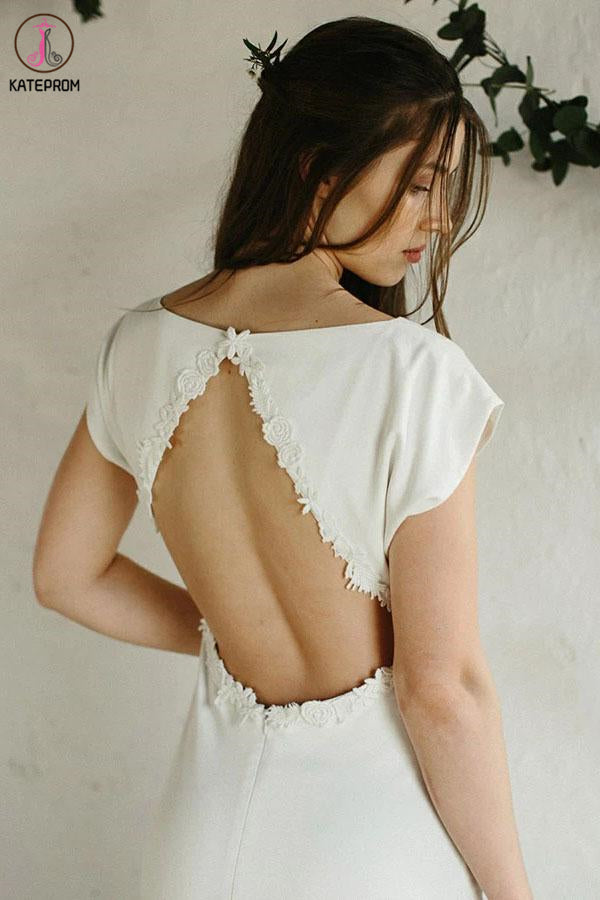 Sheath Cap Sleeves Long Wedding Dress, Simple Open Back Bridal Dresses KPW0552