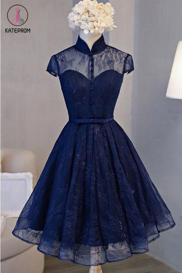 A Line Cap Sleeve Lace Homecoming Dress, High Neck Knee Length Prom Dress KPH0430