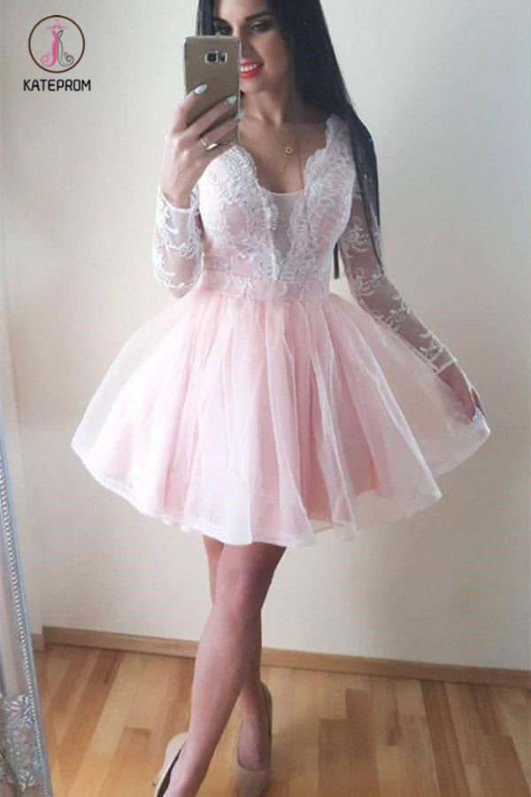 Pearl Pink A Line Long Sleeves V Neck Short Homecoming Dress with Lace Appliques KPH0313