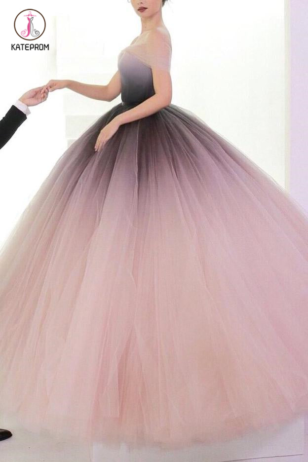 Puffy Off the Shoulder Ombre Prom Dress, Unique Tulle Long Evening Dresses KPP0825