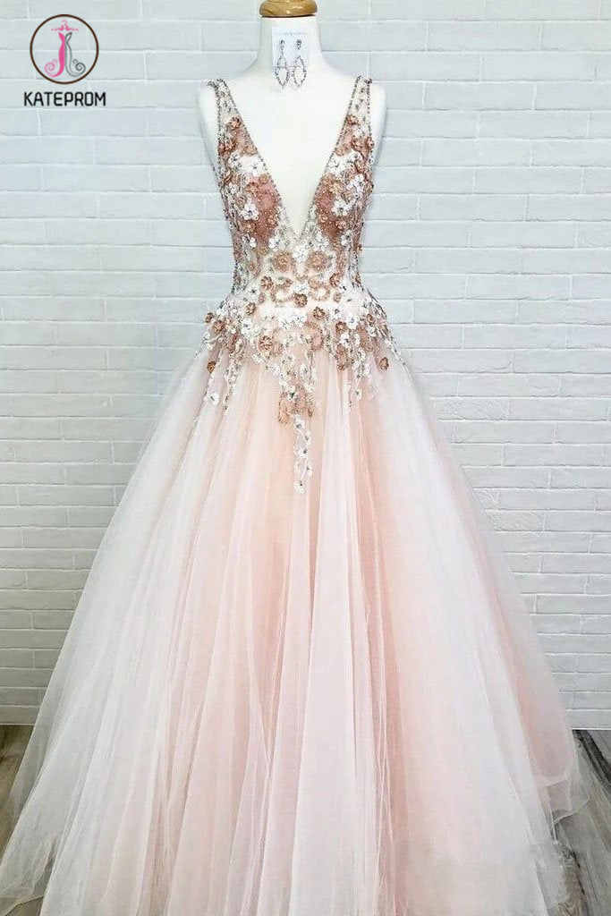 Light Pink V Neck Sleeveless Tulle Prom Dress with Flowers and Beads KPP1102