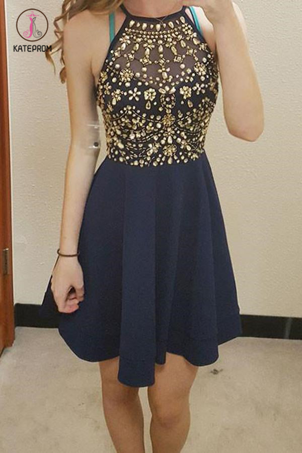 Navy Blue Sleeveless Short Homecoming Dress, Cute Mini Prom Dress with Rhinestones KPH0321