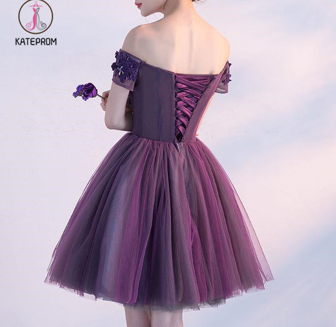 Grape A-line Off the Shoulder Tulle Short Homecoming Dress with Crystals,Mini Prom Dress KPH0271