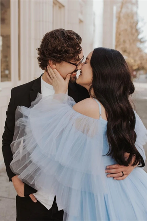 Elegant Spaghetti Straps Off The Shoulder Long Sleeves Tiered Tulle Sweep Train Prom Dresses KPP1396