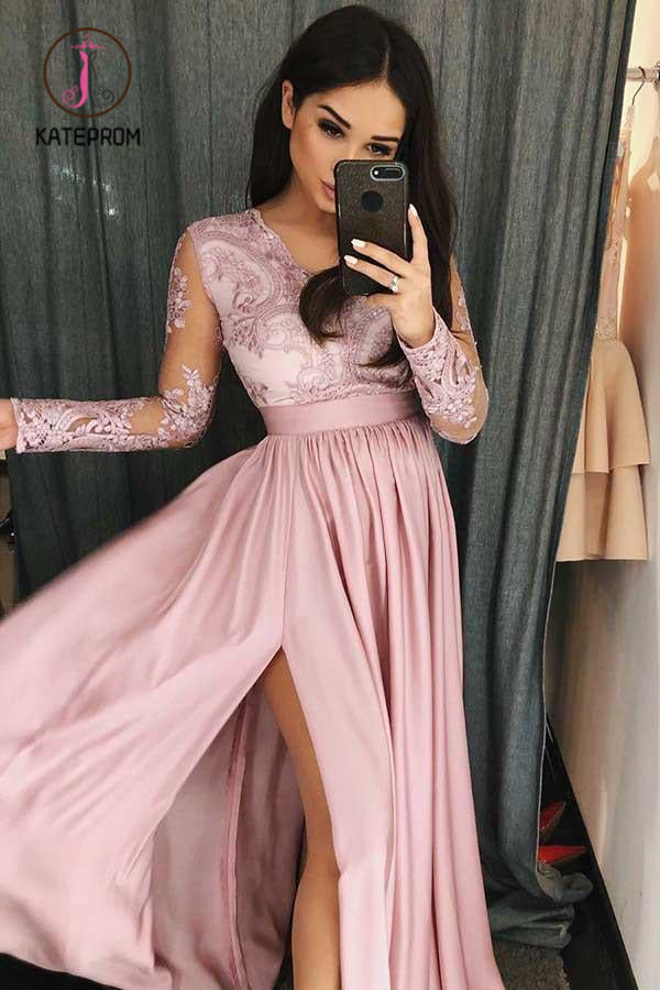 Simple V Neck Long Prom Dress with Long Sleeves, Pink Split Evening Dress with Lace KPP0916