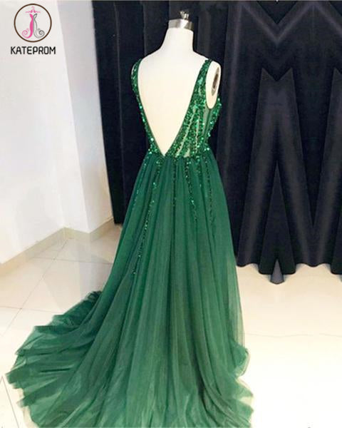 V Neck Green Open Back Tulle Long Prom Dresses With Sequins KPP1127