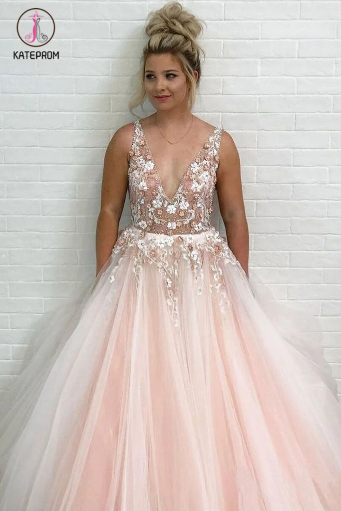 Light Pink V Neck Sleeveless Tulle Prom Dress with Flowers and Beads KPP1101