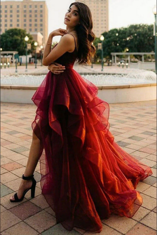 Burgundy Tulle A line V Neck High Low Long Prom Dresses, Evening Dresses KPP1642