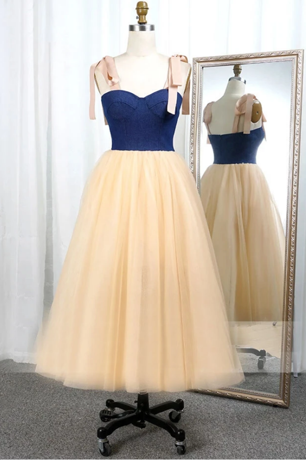 Simple Sweetheart Spaghetti Straps Prom Dresses Tulle Tea Length Evening Dresses KPP1383