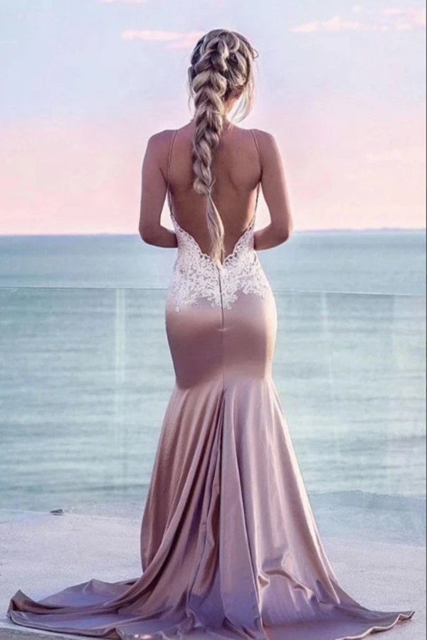 Sexy Mermaid Open Back Spaghetti Straps Prom Dresses With Train KPP1391
