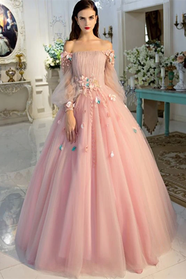 Long Sleeve Prom Dresses Pearl Pink Ball Gown Long Floral Fairy Prom Dress KPP1341