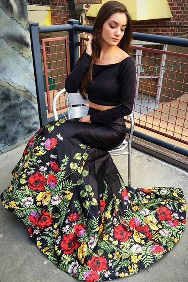 A Line Off the Shoulder Two Piece Long Sleeve Satin Floral Scoop Long Prom Dresses KPP1395