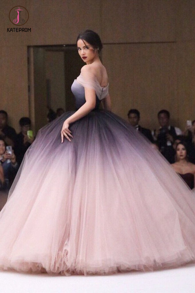 Puffy Off the Shoulder Ombre Prom Dress, Unique Tulle Long Evening Dresses KPP0825