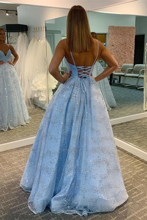 Sparking Lace Spaghetti Straps A line Prom Dresses, Long Prom Dress for Sale KPP1527