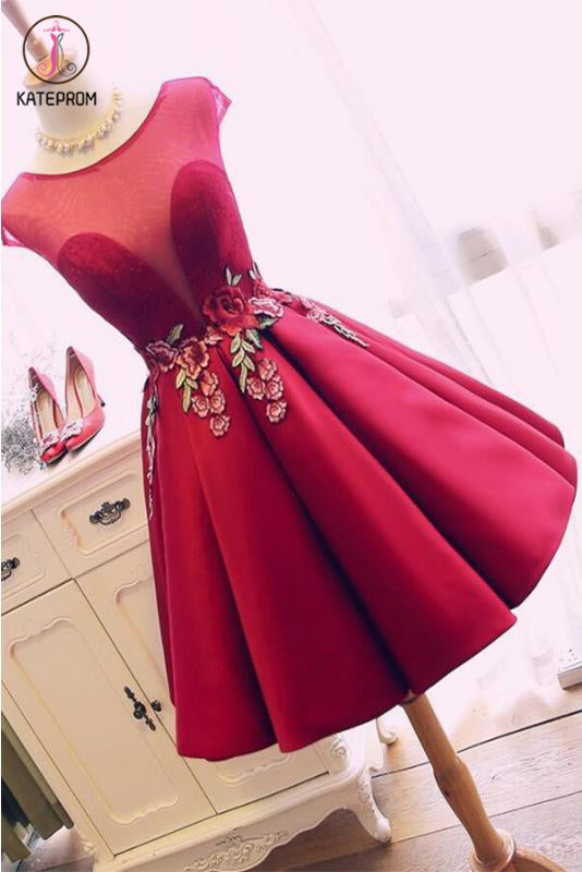 Burgundy Satin Ruched Homecoming Dress, A Line Short Prom Dress with Appliques KPH0422