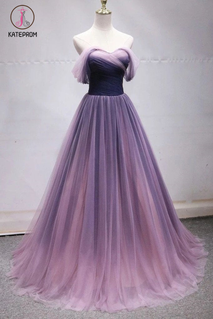 Off the Shoulder Tulle Long Ombre Prom Dresses, Princess Formal Gown KPP1064