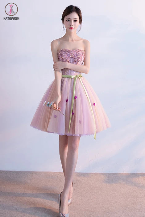 Pink Sweetheart Tulle Homecoming Dress with Ribbon, Short Prom Dress with Beads KPH0508