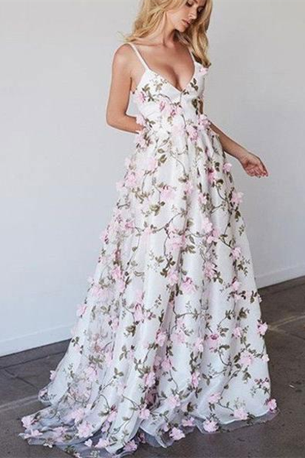 A line Spaghetti Strap Floor Length Tulle 3D Appliqued Prom Dresses KPP1416