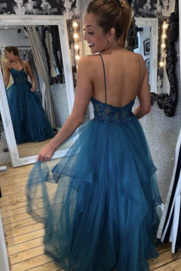 Teal Tulle Straps A Line Prom Dress With Lace Appliques KPP1658