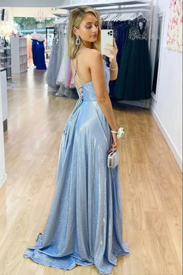 Sparkly Light Blue A line V neck Prom Dresses With Side Slit, Evening Gown KPP1593
